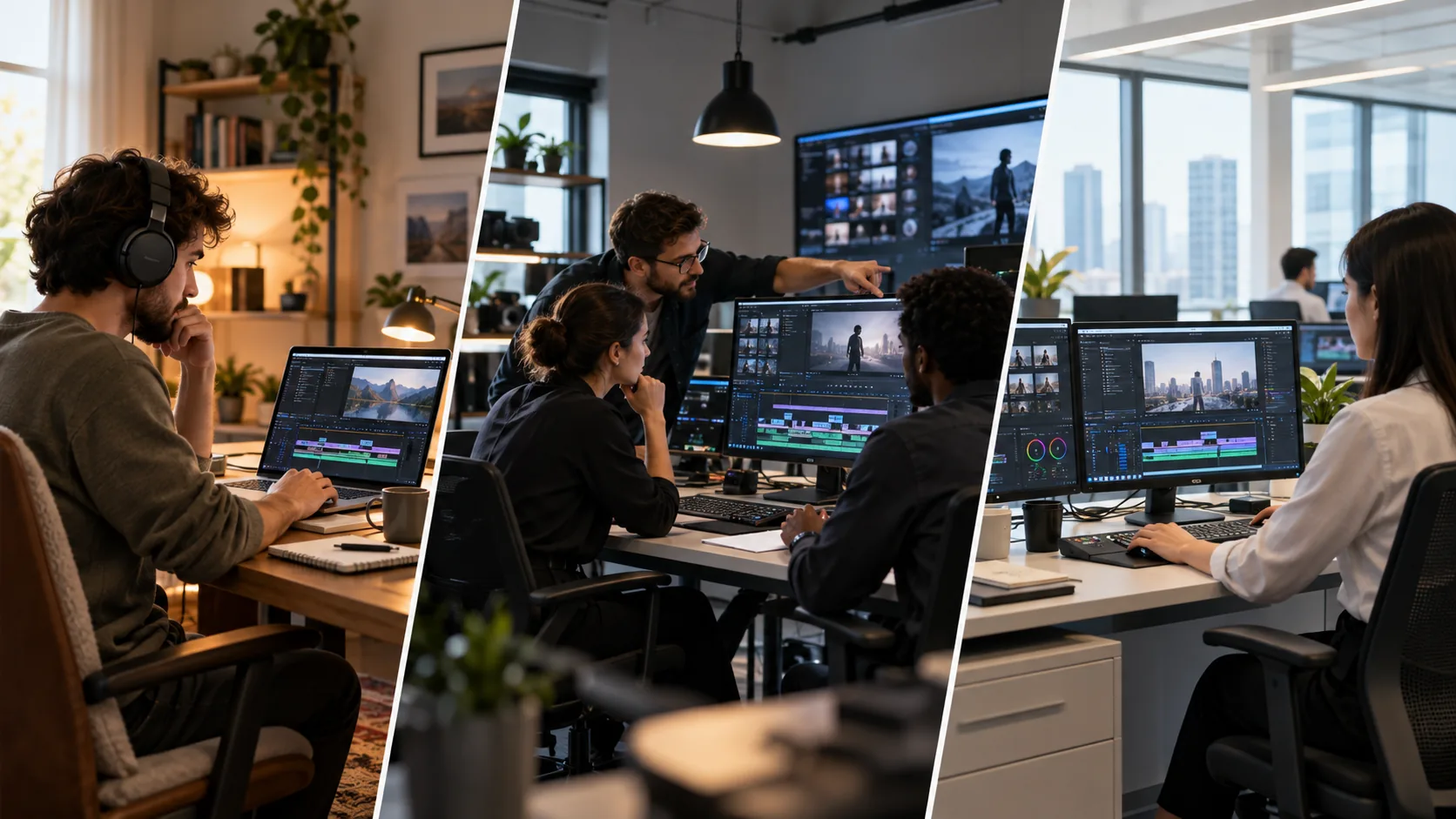 Three ways to get video editing done, shown side by side: a freelance editor working alone at a home desk, an agency team reviewing an edit in a studio, and an in-house editor at a desk in a corporate office.